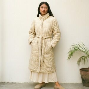 Flannel Floral Quilted Puffer Coat Womens‎ 1 Small Lightweight Long Belted Beige